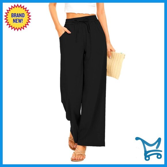 Pants - Flowy Palazzo Pants Loose Fit Wide Leg Drawstring Waist Casual Summer Chic
